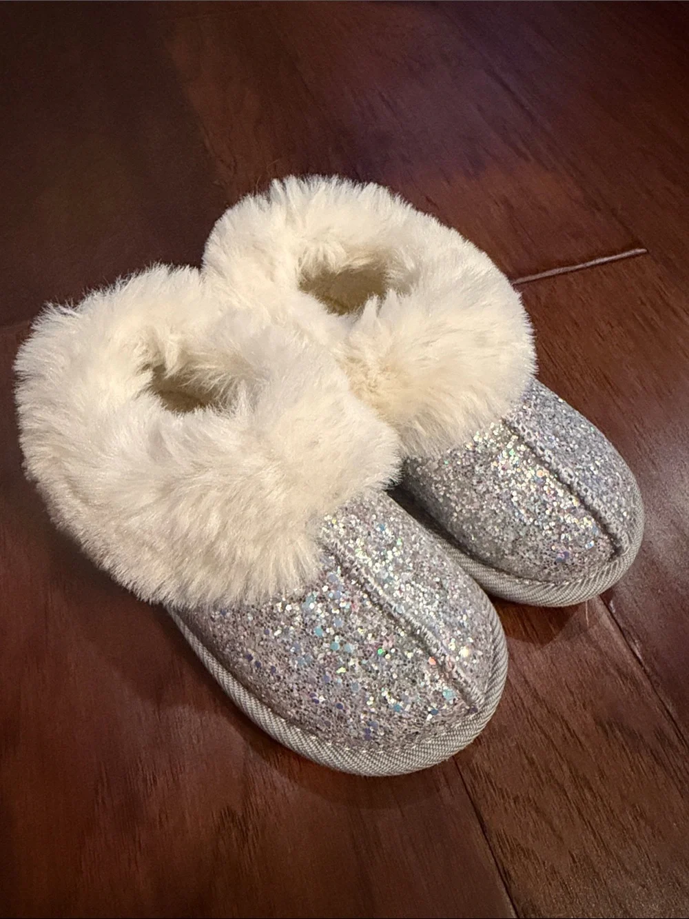 Girls Cream Faux-Fur Sparkle Slip-On Slippers